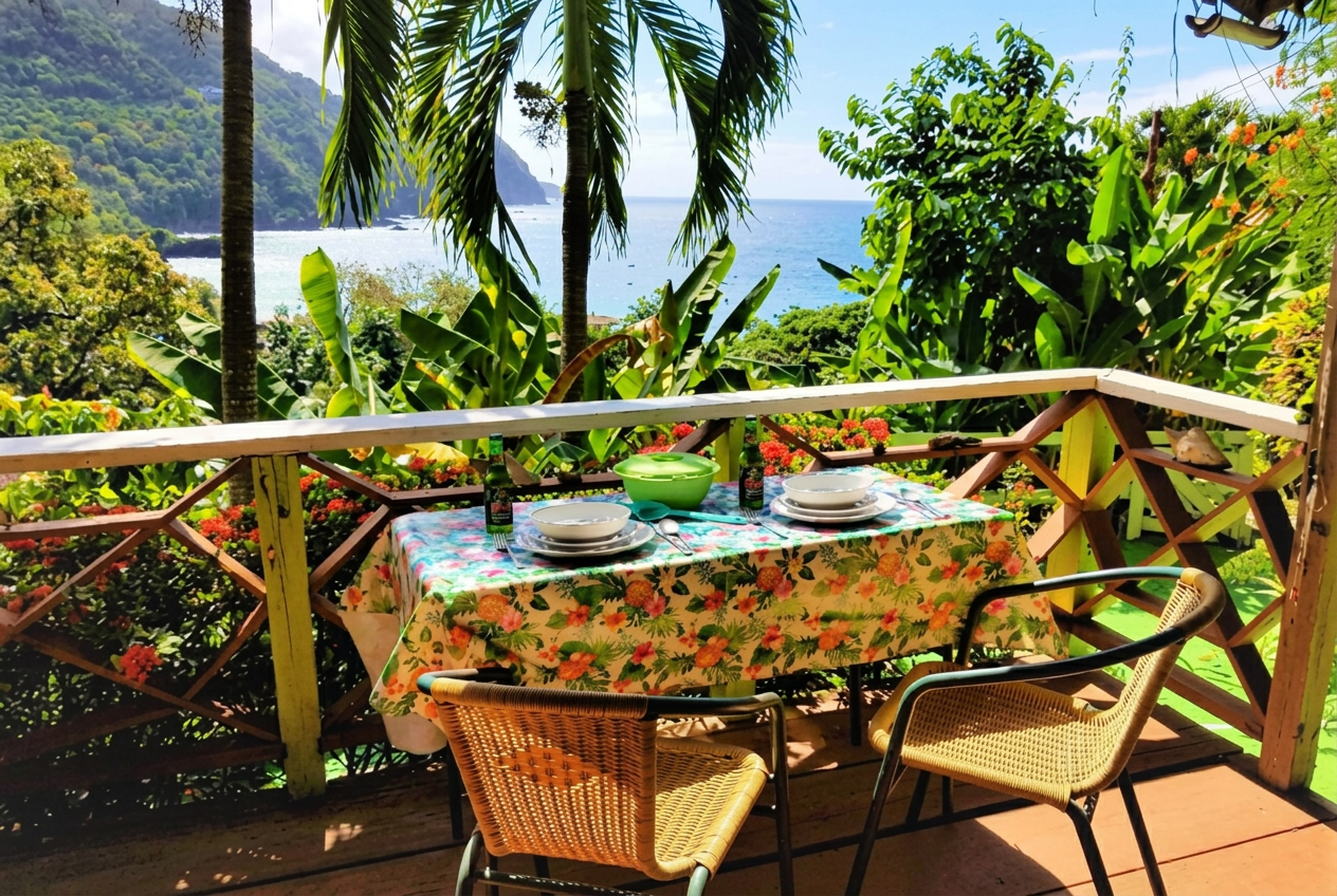 Table set for breakfast on a balcony framed by tropical greenery and the sea