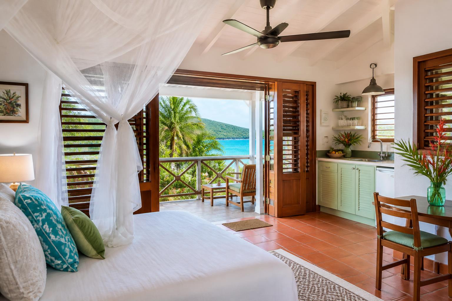Studio apartment with a double bed and shutters open to the sea