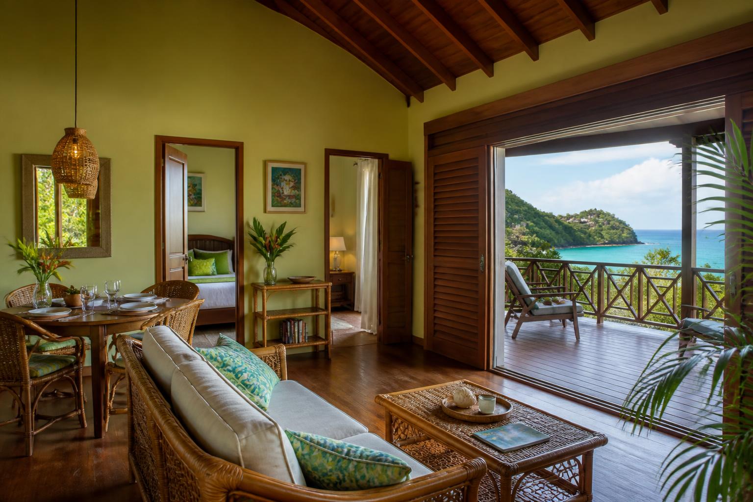 Two-bedroom apartment living space opening onto a wide veranda