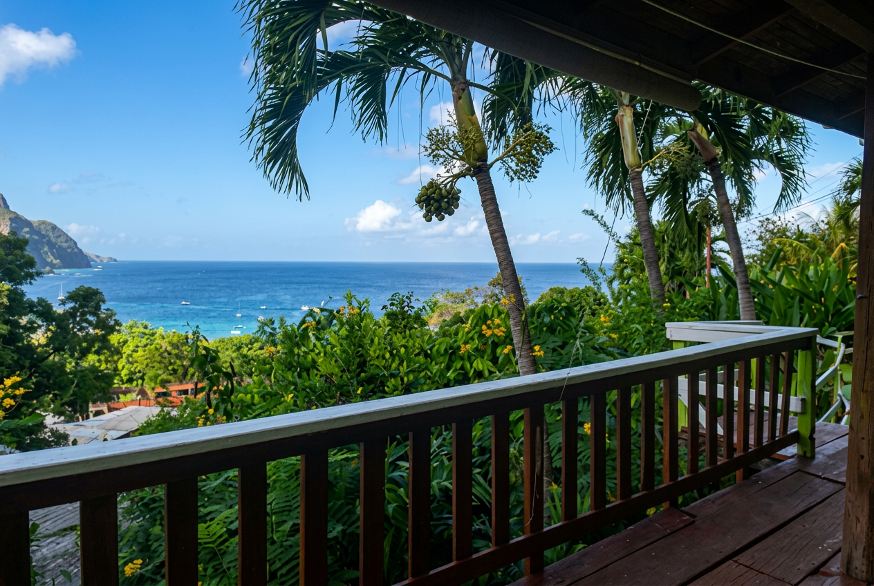 View of the Caribbean Sea and palms from a private balcony at Carpe Diem Villa