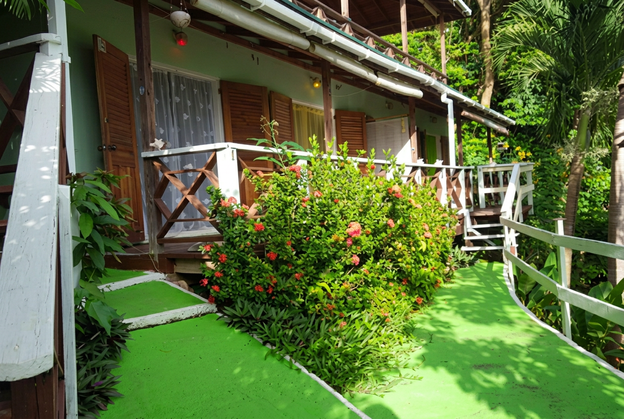 Garden walkway with flowering shrubs alongside the studio apartments